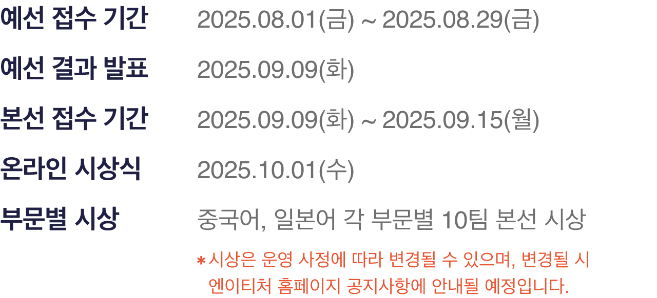 예선 접수기간 : 2025.08.01(금) ~ 2025.08.29(금), 예선 결과 발표 : 2025.09.09(화), 본선 접수 기간 : 2025.09.09(화) ~ 2025.09.15(월), 온라인 시상식 : 2025.10.01(수) ,부문별 시상	: 중국어, 일본어 각 부문별 10팀 본선 시상, * 시상은 운영 사정에 따라 변경될 수 있으며, 변경될 시 에이티처 홈페이지 공지사항에 안내될 예정입니다.