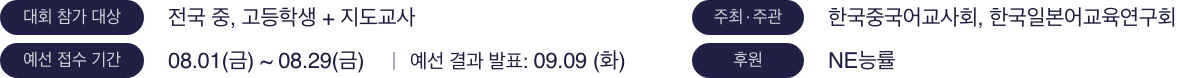 대회 참가 대상 : 전국 중,고등학생 + 지도교사, 주최 주관 : 한국중국어교사회, 한국일본어교육연구회, 예선 접수 기간 : 08.01(금) ~ 08.29(금) | 예선 결과 발표: 09.09(화), 후원 : NE능률